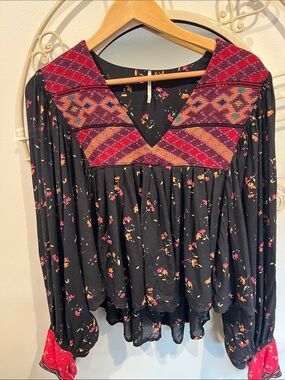 Free People Black Floral Peasant Blouse with Red Embroidered Yoke